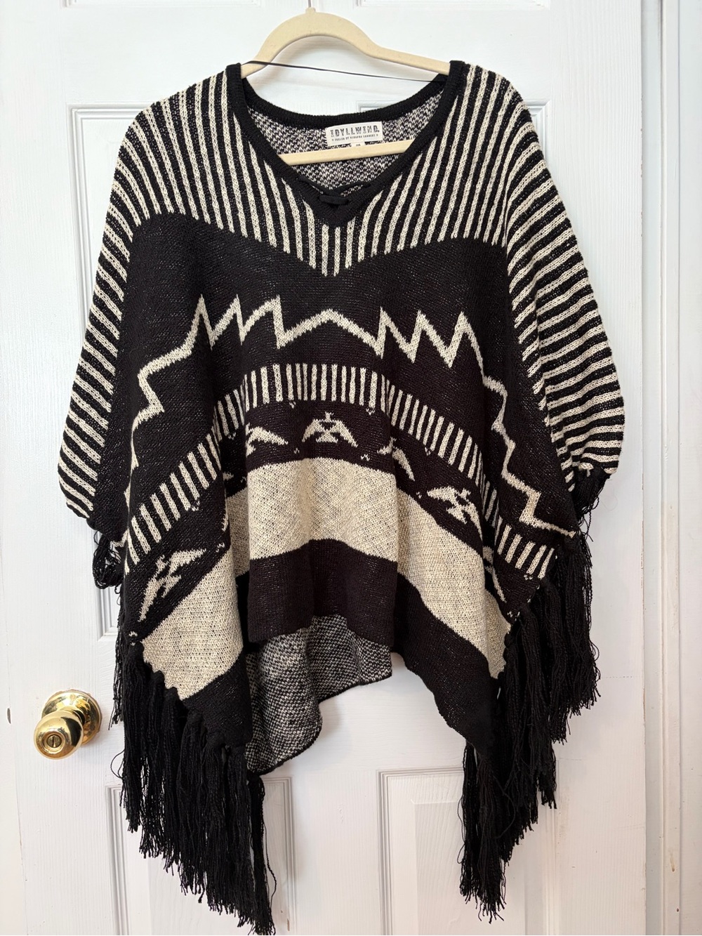 Idyllwind Black and Cream Fringed Poncho Sweater